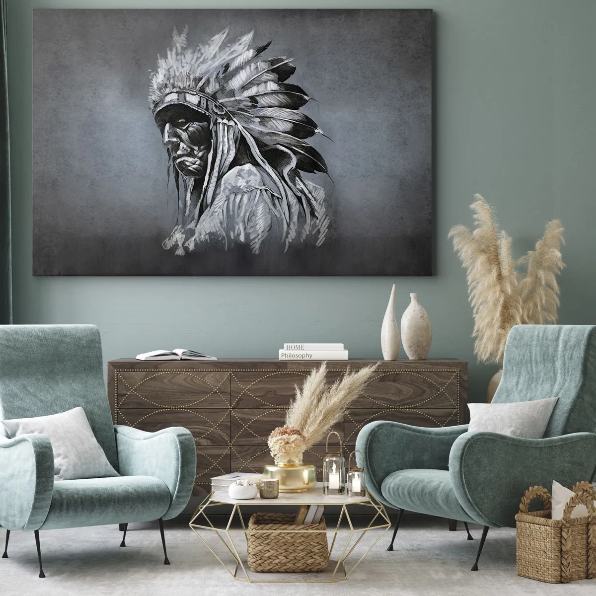 Tablou pe pânză Canvas - Portretul unui șef indian purtând o coafură tradițională - 70x50cm - Înapoi la rădăcini - Decorațiune modernă pentru perete pentru living și dormitor ARTTOR