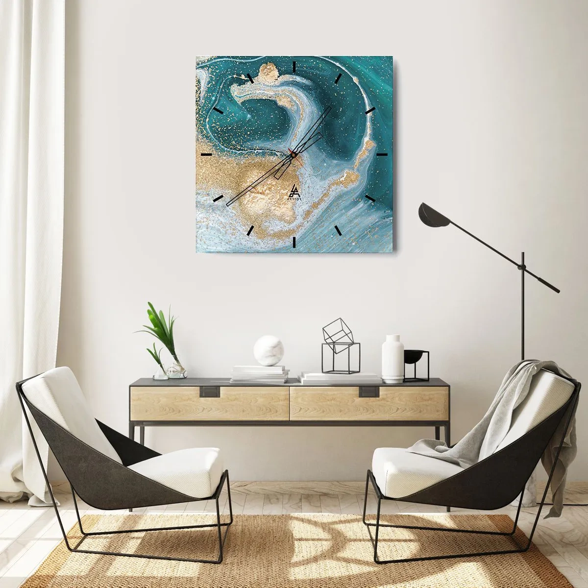 Ceas de perete - Ceas pe sticlă - Vârtej de aur și turcoaz - 30x30 cm