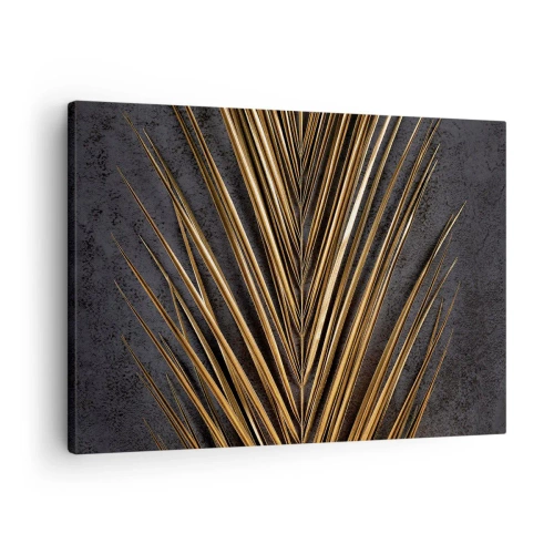 Tablou pe pânză Canvas - Frunză tropicală aurie pe fundal negru - 70x50cm - Aur tropical - Decorațiune modernă pentru perete pentru living și dormitor ARTTOR