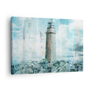 Tablou pe pânză Canvas - Un far pe o coastă stâncoasă în culori pastelate - 70x50cm - Pe lemn vechi - Decorațiune modernă pentru perete pentru living și dormitor ARTTOR