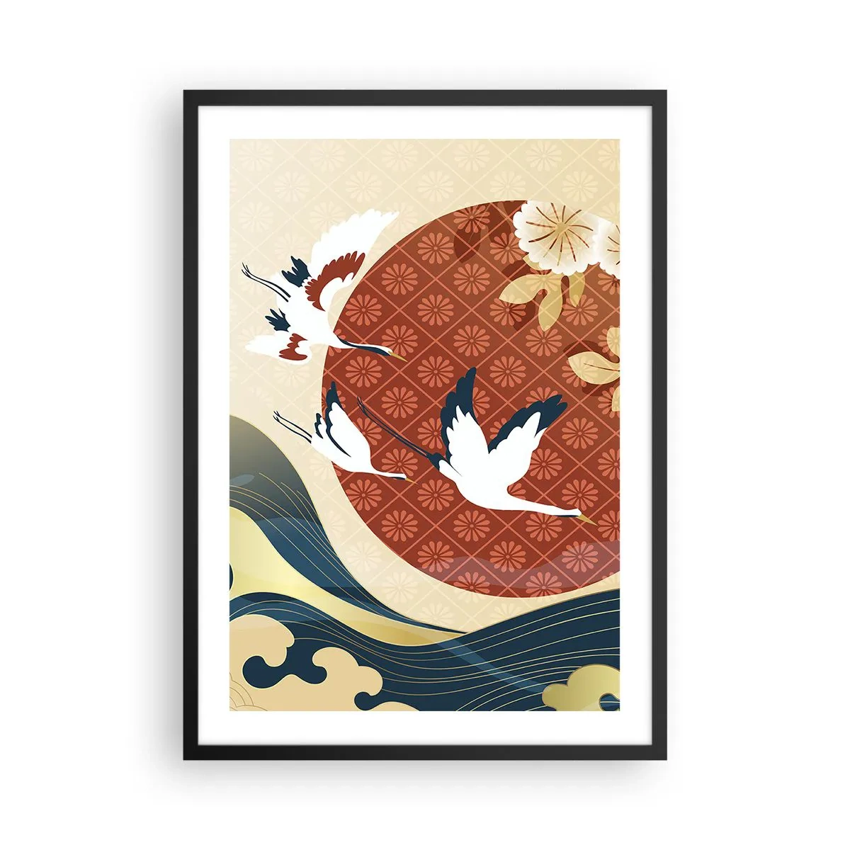 Poster în ramă neagră - Compoziție japoneză cu macarale, valuri și un cerc roșu - 50x70cm - O fabulă japoneză - Decorațiune modernă pentru perete pentru living și dormitor ARTTOR