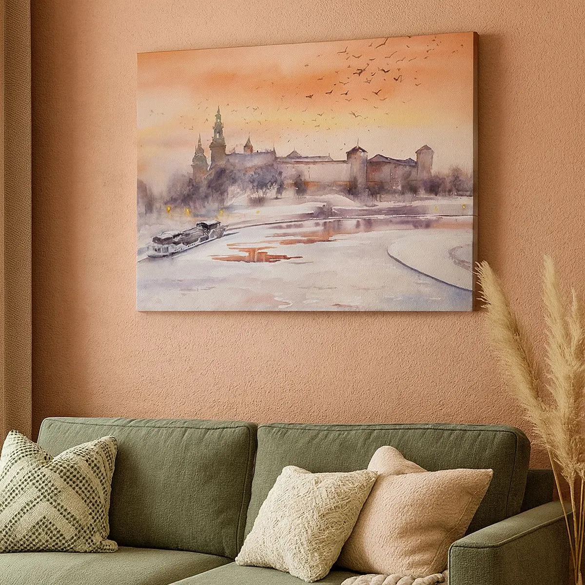 Tablou pe pânză Canvas - Apus de soare peste castel într-un peisaj de iarnă - 70x50cm - Apus de soare regal - Decorațiune modernă pentru perete pentru living și dormitor ARTTOR