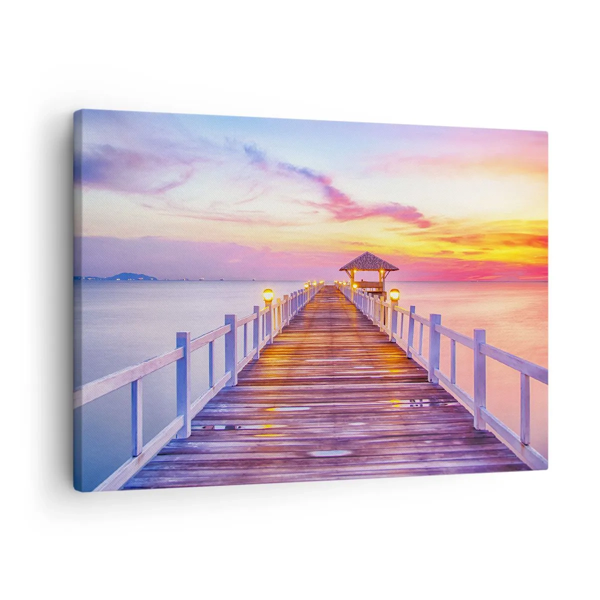 Tablou pe pânză Canvas - Un dig peste apă la apus în culori pastelate - 70x50cm - Tăcerea serii în liliac-auriu - Decorațiune modernă pentru perete pentru living și dormitor ARTTOR