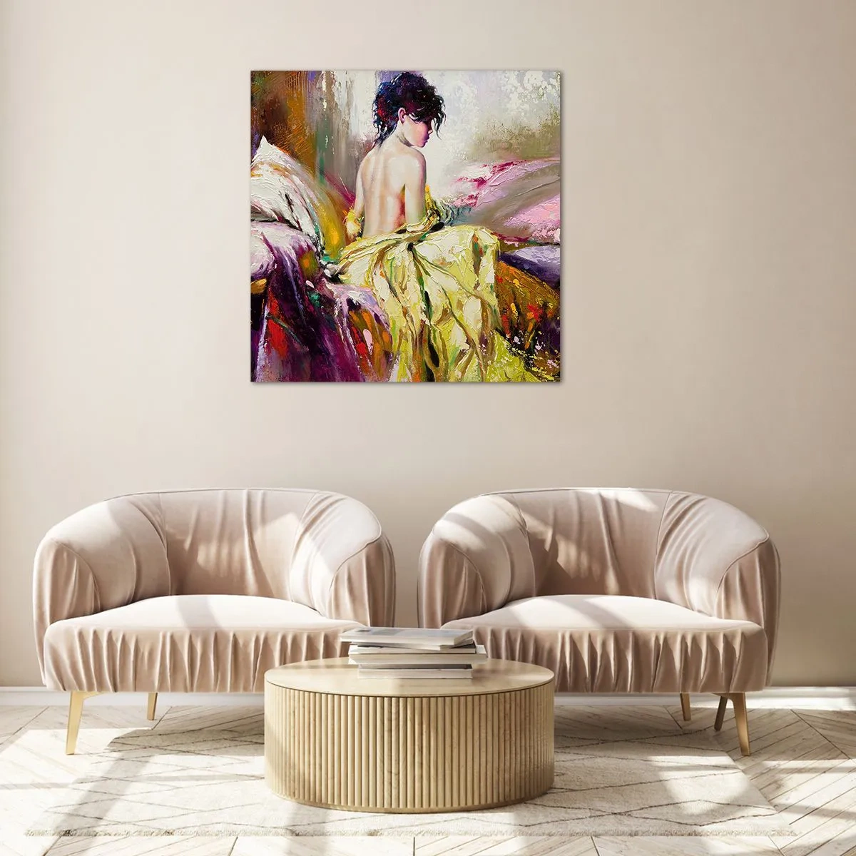 Tablou pe sticlă - Mi-aș muia buzele în paharul cu vin de pe masa ta - 70x70 cm