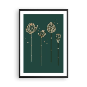 Poster în ramă neagră - Contururi aurii de flori pe un fundal verde închis - 50x70cm - Familia IERBEscu - Decorațiune modernă pentru perete pentru living și dormitor ARTTOR