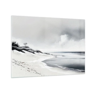Tablou pe sticlă - Plajă alb-negru cu orizont și mare calmă - 70x50cm - Întotdeauna împreună - Decorațiune modernă pentru perete pentru living și dormitor ARTTOR