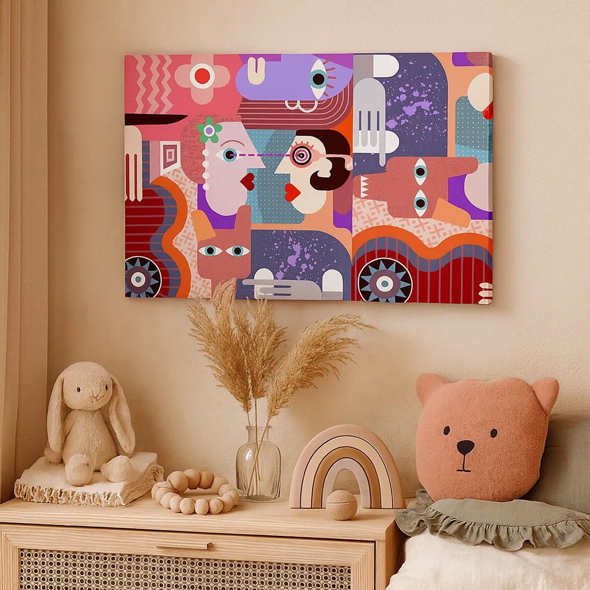 Tablou pe pânză Canvas - Figuri abstracte în culori vii - 70x50cm - Ochi în ochi - Decorațiune modernă pentru perete pentru living și dormitor ARTTOR