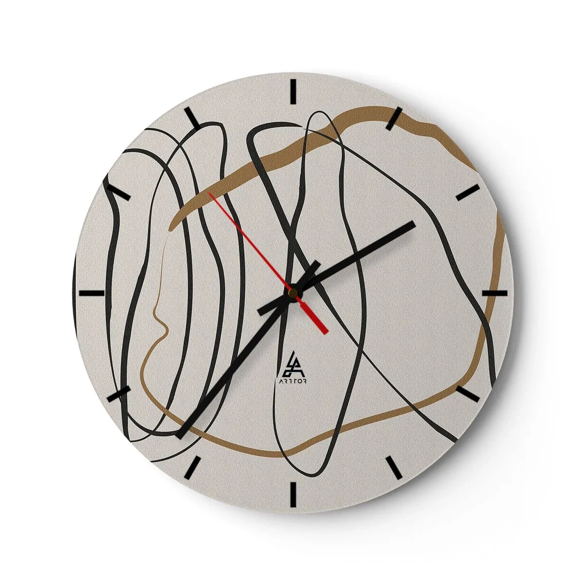 Ceas de perete - Ceas pe sticlă - Linii abstracte, dansante, pe un fundal deschis - 30x30cm - Compoziție - Dans posesiv - Decorațiune modernă pentru perete pentru living, bucătărie și dormitor ARTTOR