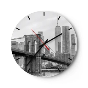 Ceas de perete - Ceas pe sticlă - Podul Brooklyn pe fundalul orizontului orașului în alb și negru - 30x30cm - New York vibes - Decorațiune modernă pentru perete pentru living, bucătărie și dormitor ARTTOR