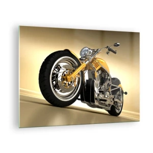 Tablou pe sticlă - O motocicletă personalizată aurie pe un fundal deschis - 70x50cm - Un vis de forță și viteză - Decorațiune modernă pentru perete pentru living și dormitor ARTTOR