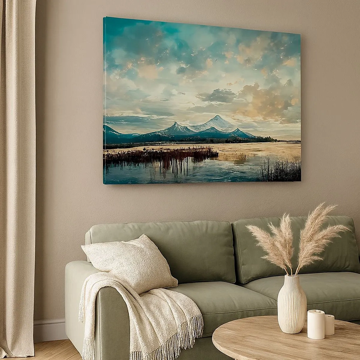 Tablou pe pânză Canvas - Un peisaj pitoresc cu un munte și un lac liniștit - 70x50cm - Sub protecția cerului - Decorațiune modernă pentru perete pentru living și dormitor ARTTOR
