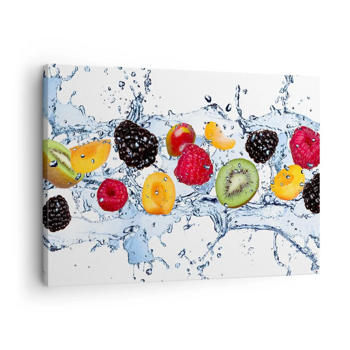 Tablou pe pânză Canvas - Fructe colorate scufundate în stropi de apă pe un fundal alb - 70x50cm - Joacă-te cu noi - Decorațiune modernă pentru perete pentru living și dormitor ARTTOR