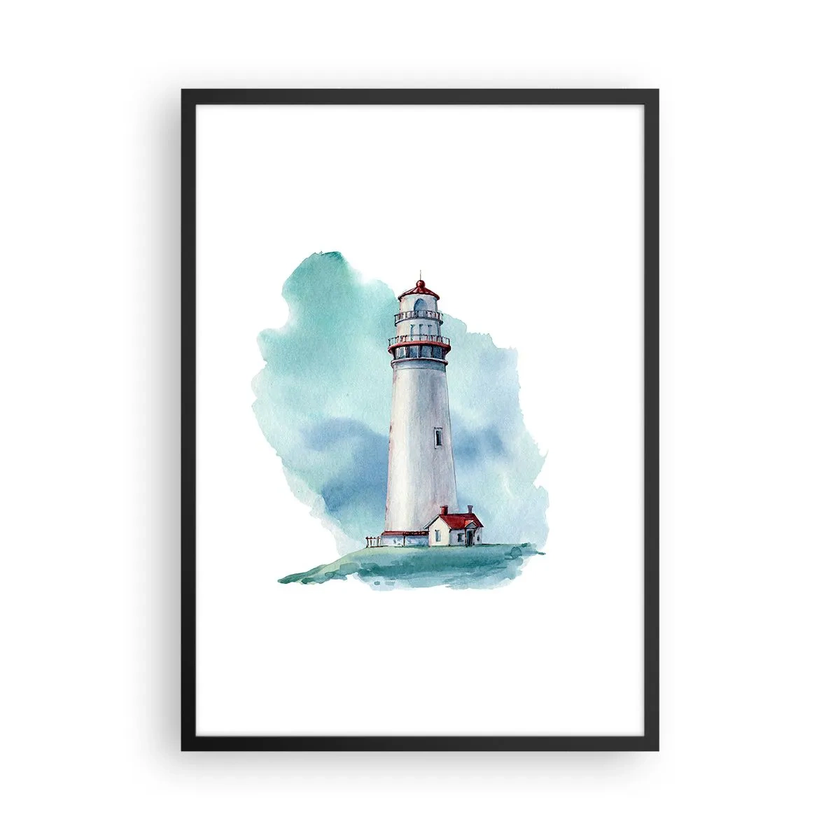 Poster în ramă neagră - O ilustrație picturală a unui far înconjurat de un cer albastru. - 50x70cm - Sora blândă a albastrului - Decorațiune modernă pentru perete pentru living și dormitor ARTTOR