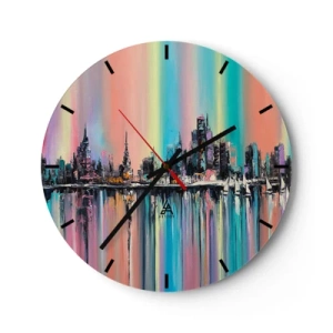Ceas de perete - Ceas pe sticlă - O panoramă colorată a orașului reflectată în apă - 30x30cm - Strălucește cu lumina nopții - Decorațiune modernă pentru perete pentru living, bucătărie și dormitor ARTTOR