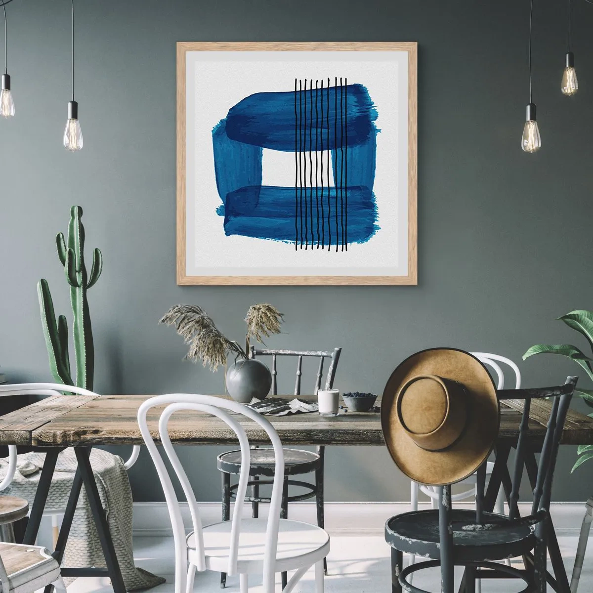 Poster în ramă de stejar deschis - Compoziție albastru-negru - 40x40 cm