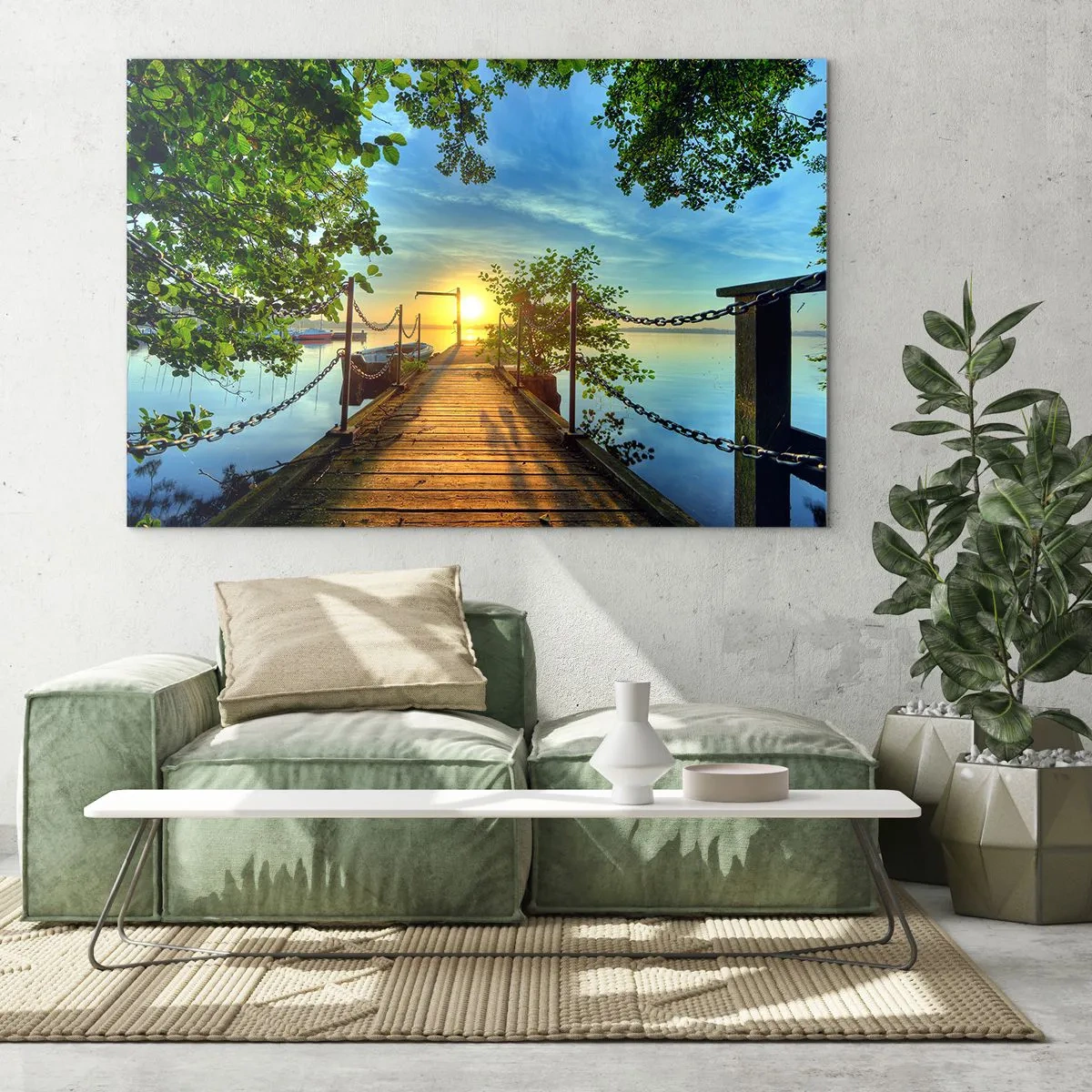 Tablou pe sticlă - Un dig cu vedere la apusul de soare peste lac - 70x50cm - Apusul la malul apei - Decorațiune modernă pentru perete pentru living și dormitor ARTTOR