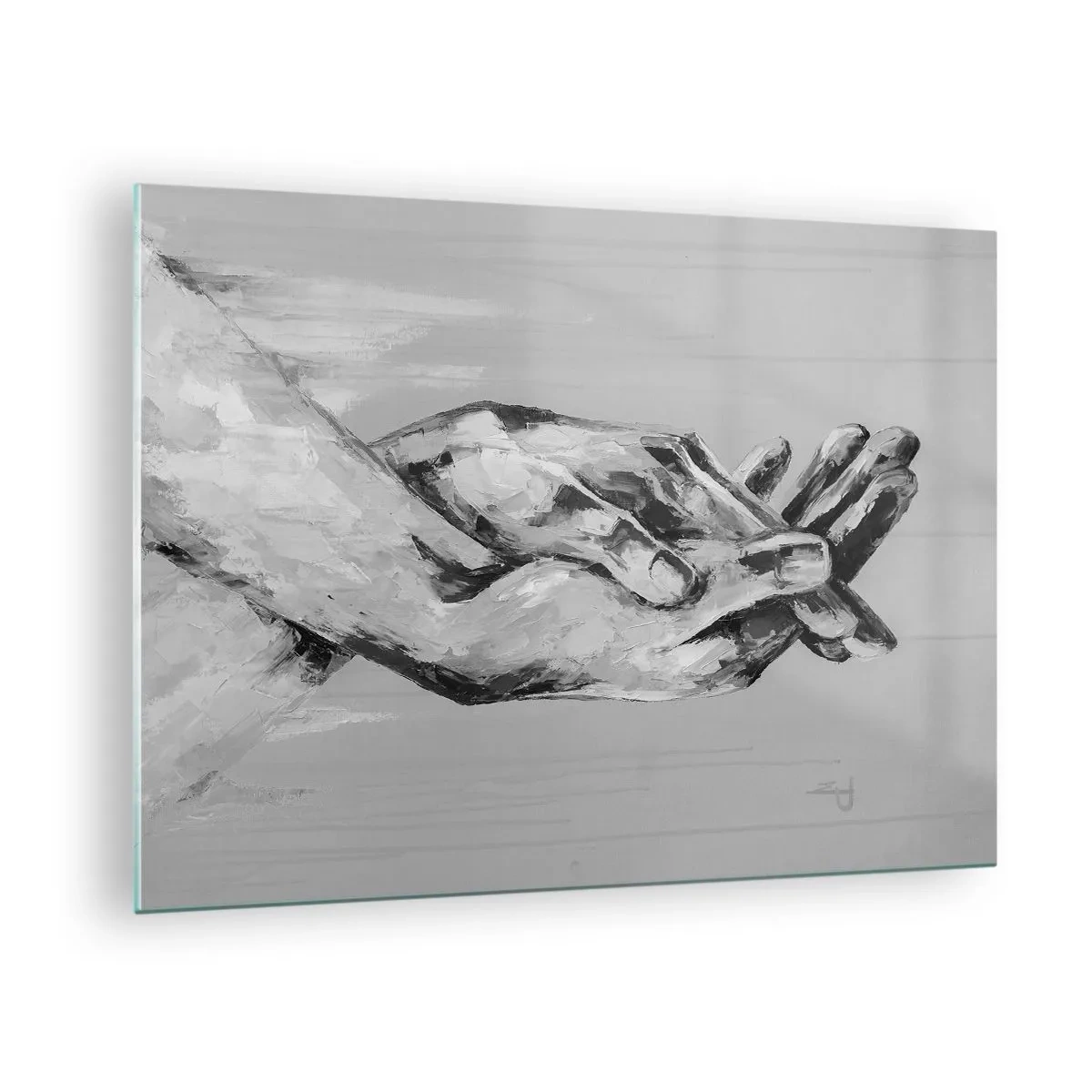 Tablou pe sticlă - Pictură alb-negru cu două mâini care se întind una spre cealaltă - 70x50cm - Începutul... - Decorațiune modernă pentru perete pentru living și dormitor ARTTOR