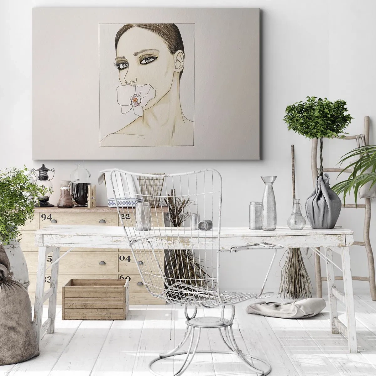 Tablou pe pânză Canvas - Portretul unei femei cu o orhidee în culori delicate - 70x50cm - Un simbol al eleganței și frumuseții - Decorațiune modernă pentru perete pentru living și dormitor ARTTOR