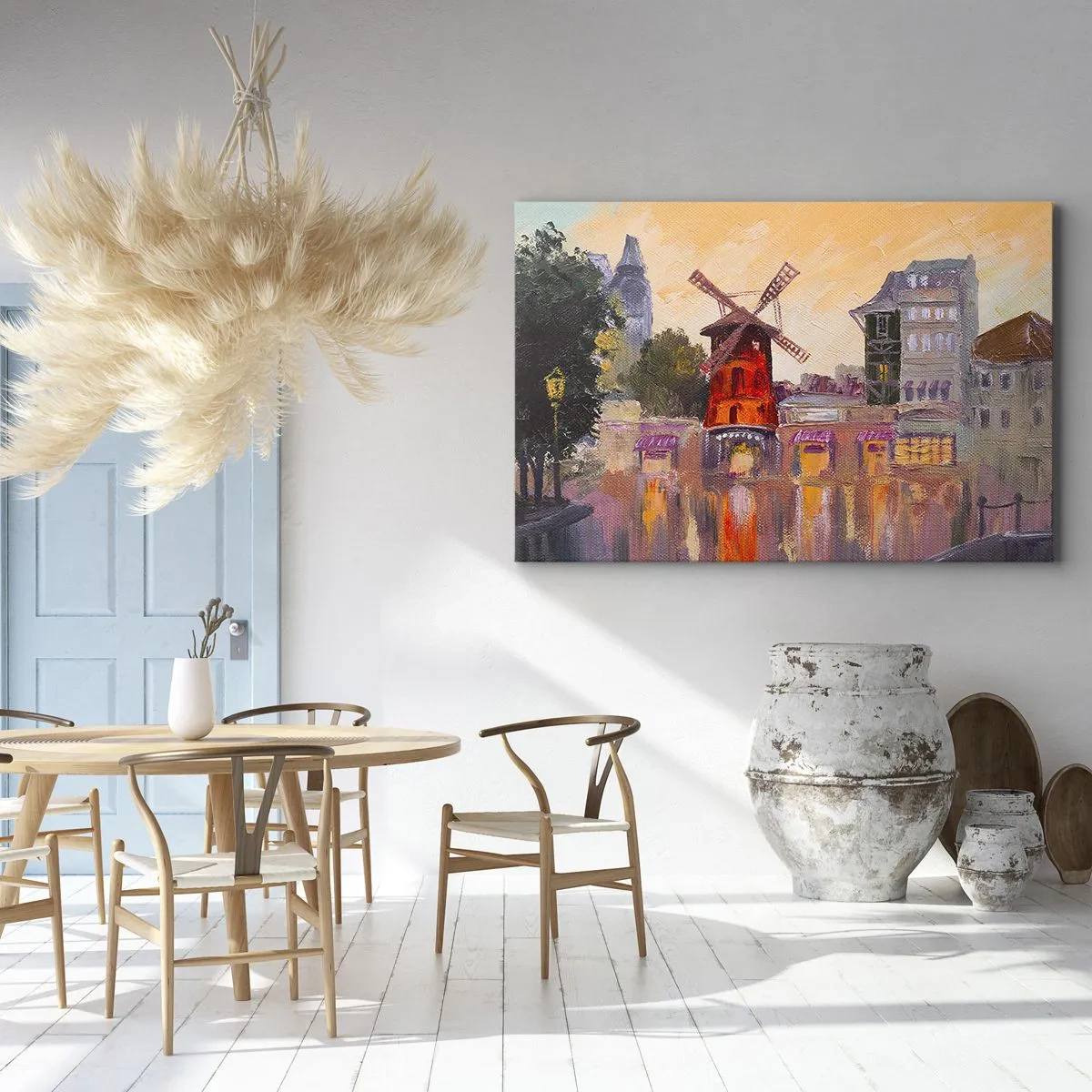 Tablou pe pânză Canvas - Moara de vânt roșie a Moulin Rouge înconjurată de peisajul urban - 70x50cm - Icoane pariziene - Moulin Rouge - Decorațiune modernă pentru perete pentru living și dormitor ARTTOR