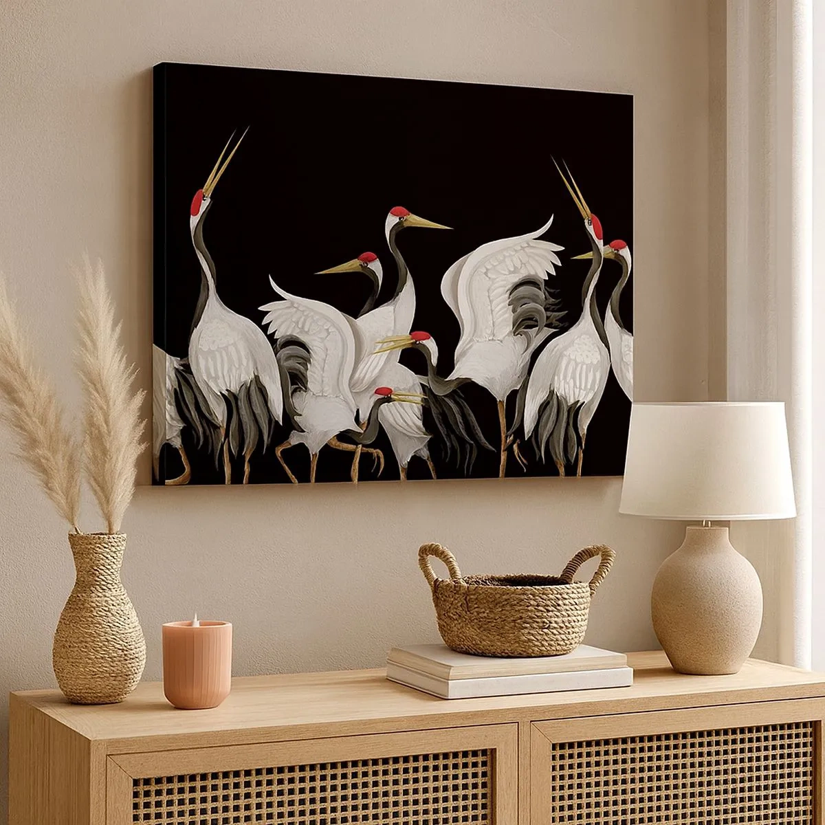 Tablou pe pânză Canvas - Macarale albe cu accente roșii pe fundal negru - 70x50cm - Problemele importante ale păsărilor - Decorațiune modernă pentru perete pentru living și dormitor ARTTOR