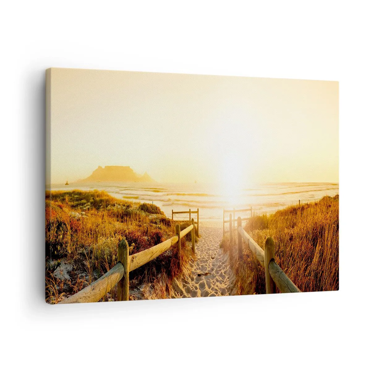 Tablou pe pânză Canvas - Calea spre plajă în timpul unui apus de soare auriu - 70x50cm - Prin dune spre soare - Decorațiune modernă pentru perete pentru living și dormitor ARTTOR