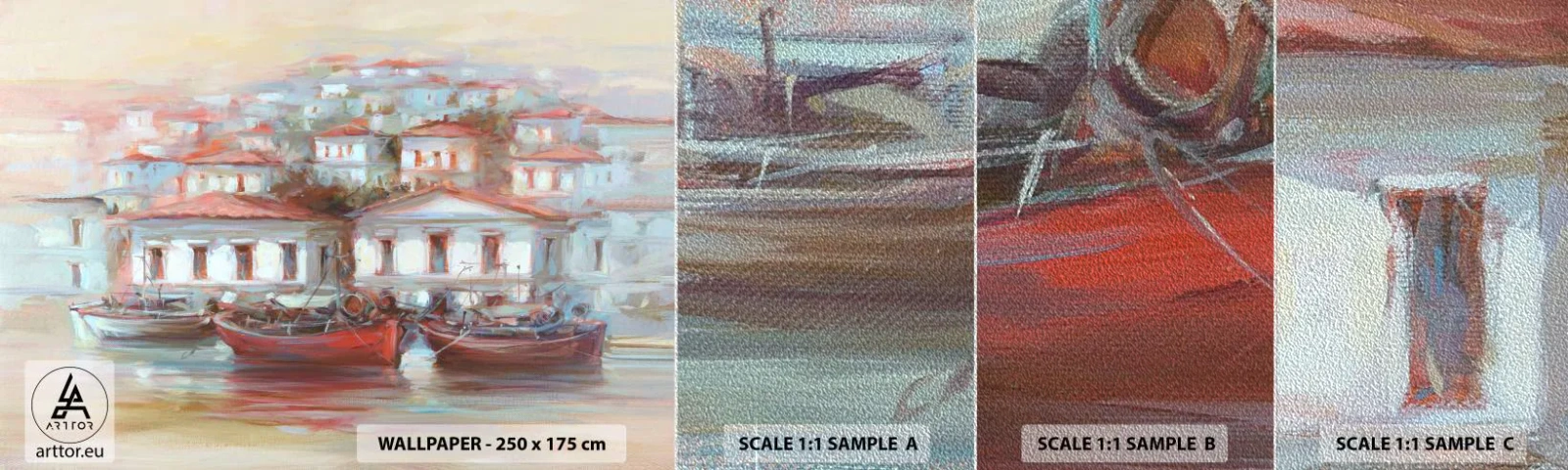 Mostră tapet Premium Sand - Orășel fericit - Arhitectură, Barcă cu pânze, Port - 100x30 cm