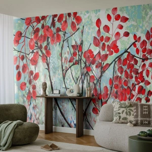 Tapet Standard Eco - Ramuri abstracte cu frunze roșii pe un fundal deschis - 100x70cm - Arbore în stacojiu - Decorațiune modernă pentru perete pentru living și dormitor ARTTOR