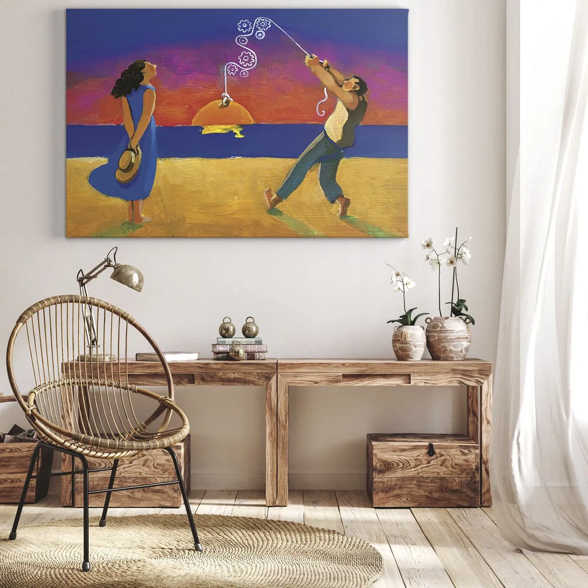 Tablou pe pânză Canvas - Figuri lângă mare la apus - 70x50cm - Mai mult decât o stea din cer - Decorațiune modernă pentru perete pentru living și dormitor ARTTOR