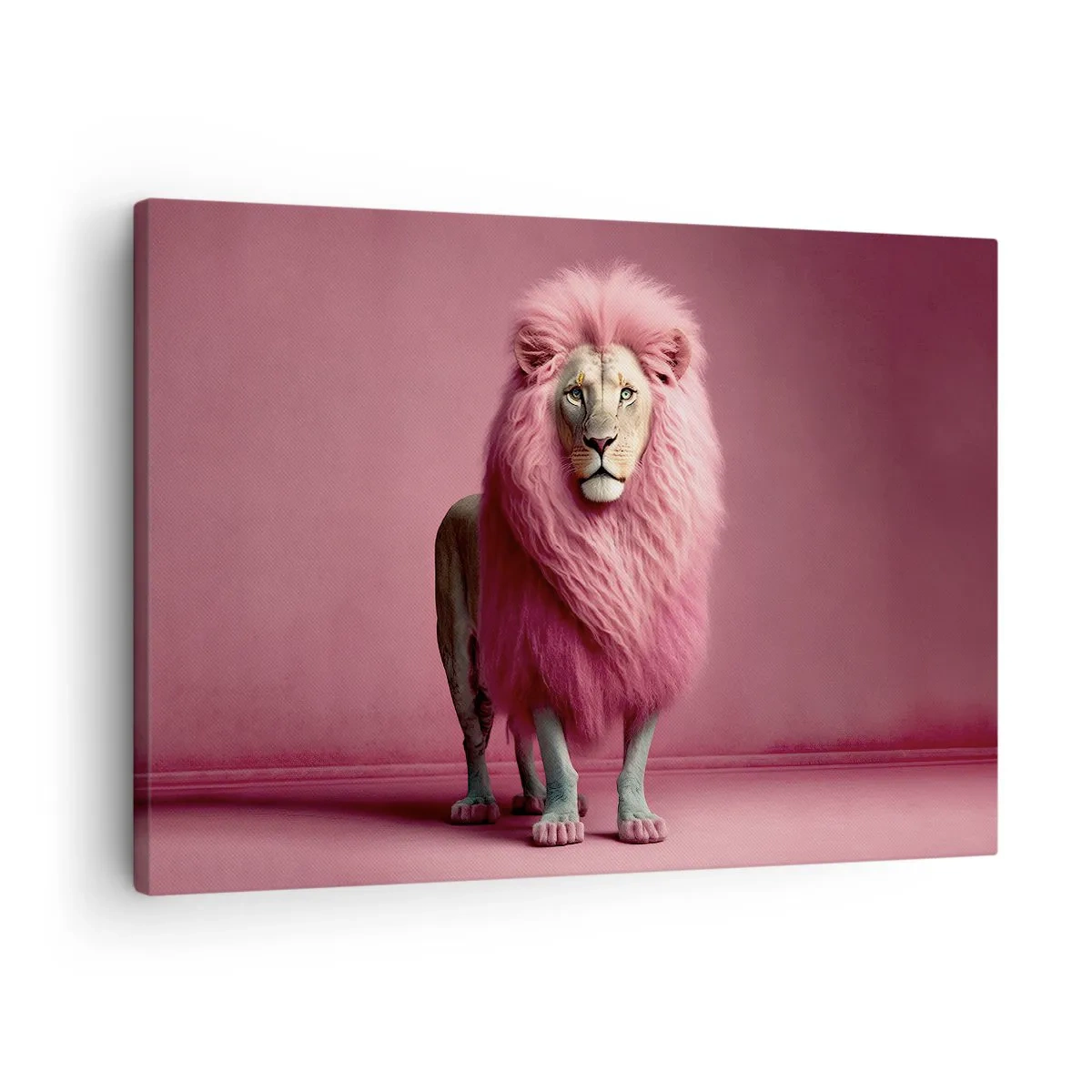 Tablou pe pânză Canvas - Un leu redat artistic cu o coamă roz pe un fundal roz - 70x50cm - Și nu-ți mai este frică - Decorațiune modernă pentru perete pentru living și dormitor ARTTOR