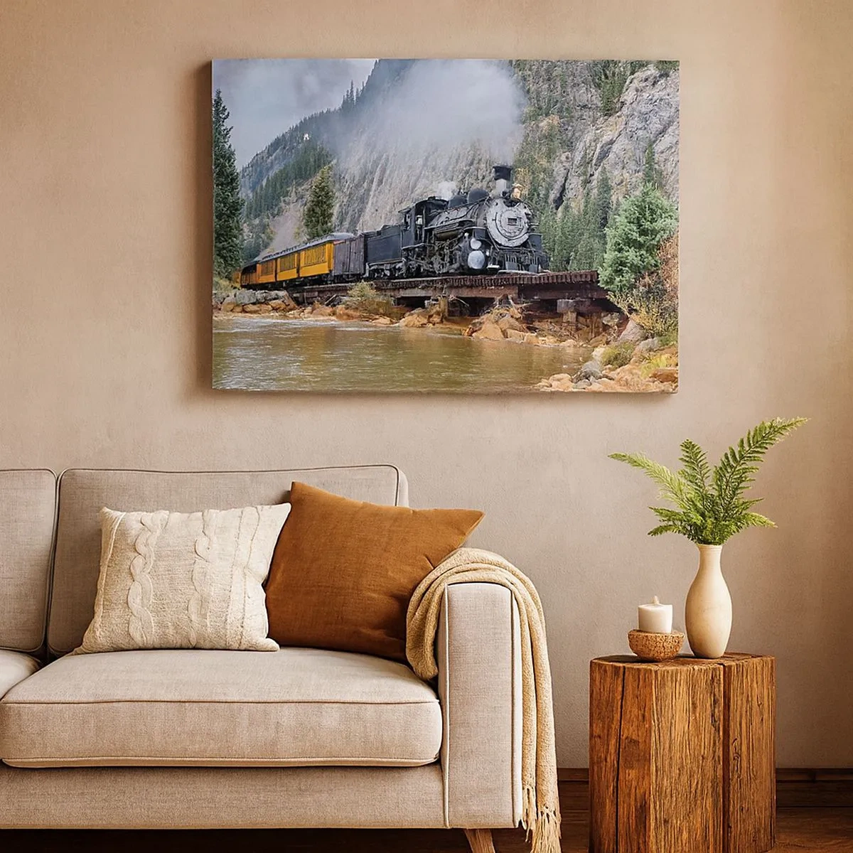 Tablou pe pânză Canvas - O locomotivă cu aburi pe un pod într-un peisaj montan pitoresc - 70x50cm - Și încotro? Unde? - Decorațiune modernă pentru perete pentru living și dormitor ARTTOR
