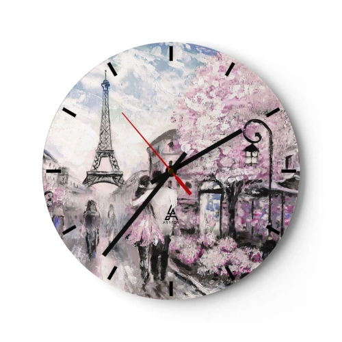 Ceas de perete - Ceas pe sticlă - Vedere romantică a Parisului cu Turnul Eiffel și copaci înfloriți - 30x30cm - Dacă ar fi să te îndrăgostești, atunci doar de... - Decorațiune modernă pentru perete pentru living, bucătărie și dormitor ARTTOR