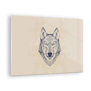 Tablou pe sticlă - Cap de lup pe un fundal de modele geometrice - 70x50cm - Un alfa cu o privire pătrunzătoare - Decorațiune modernă pentru perete pentru living și dormitor ARTTOR