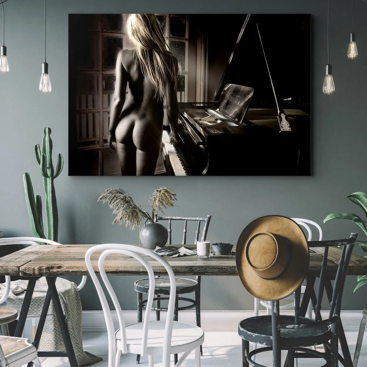 Tablou pe pânză Canvas - Nud feminin la pian în stil alb-negru - 70x50cm - Armonia perfectă a serii - Decorațiune modernă pentru perete pentru living și dormitor ARTTOR