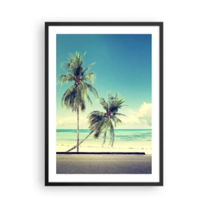 Poster în ramă neagră - Doi palmieri pe plajă cu cer albastru - 50x70cm - Să înceapă vacanța - Decorațiune modernă pentru perete pentru living și dormitor ARTTOR