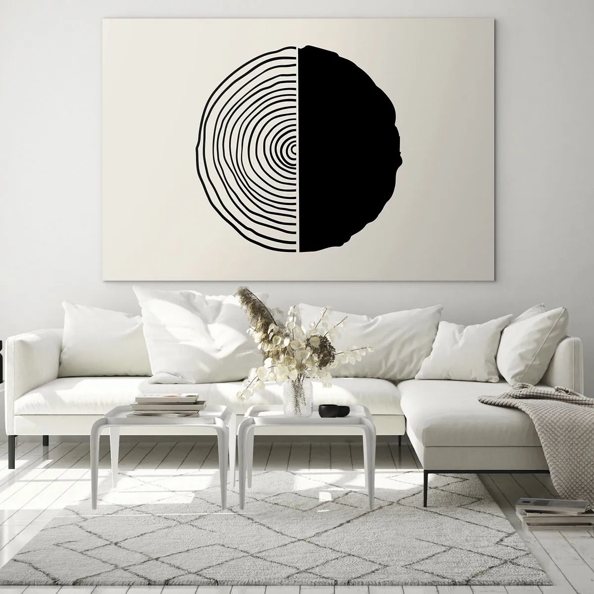 Tablou pe sticlă - O grafică minimalistă a unei secțiuni transversale a unui trunchi de copac în două jumătăți. - 70x50cm - Jumi-juma - Decorațiune modernă pentru perete pentru living și dormitor ARTTOR
