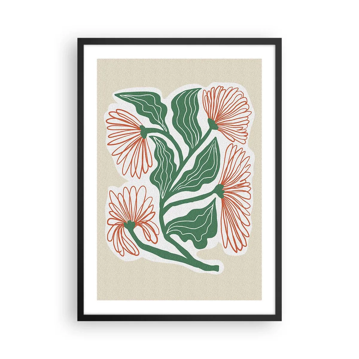 Poster în ramă neagră - Motiv abstract de flori și frunze pe un fundal bej - 50x70cm - Folclor modern - Decorațiune modernă pentru perete pentru living și dormitor ARTTOR