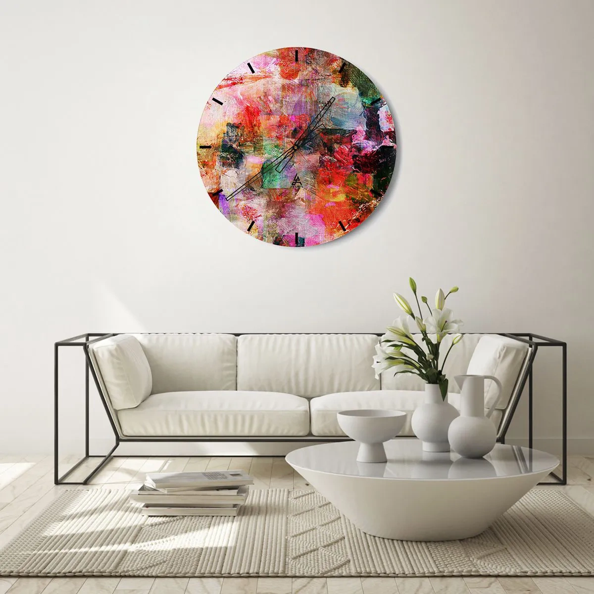Ceas de perete - Ceas pe sticlă - O compoziție abstractă în culori vibrante de roz și roșu. - 30x30cm - O călătorie prin roz - Decorațiune modernă pentru perete pentru living, bucătărie și dormitor ARTTOR