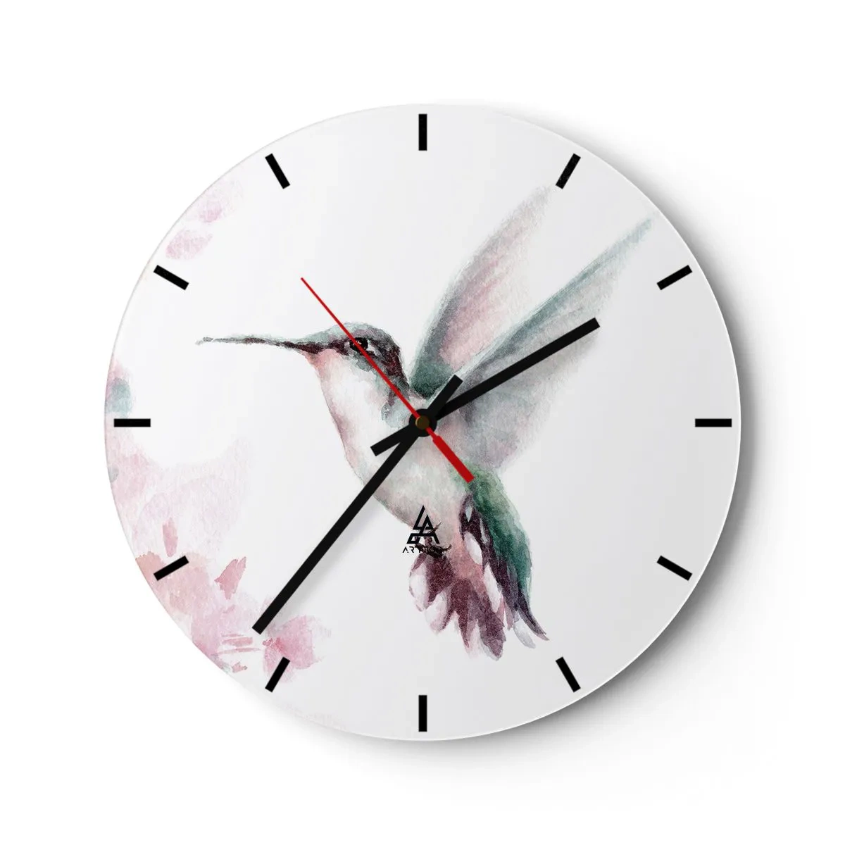 Ceas de perete - Ceas pe sticlă - O pictură delicată în acuarelă a unei colibri în zbor - 30x30cm - Oprit în mișcare - Decorațiune modernă pentru perete pentru living, bucătărie și dormitor ARTTOR