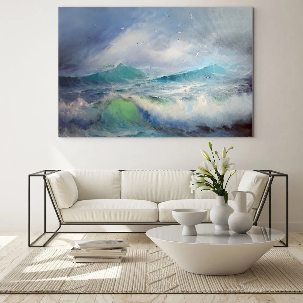 Tablou pe sticlă - Valuri oceanice agitate cu păsări pe un cer înnorat - 70x50cm - Vârtejul a gemut de triumf... - Decorațiune modernă pentru perete pentru living și dormitor ARTTOR