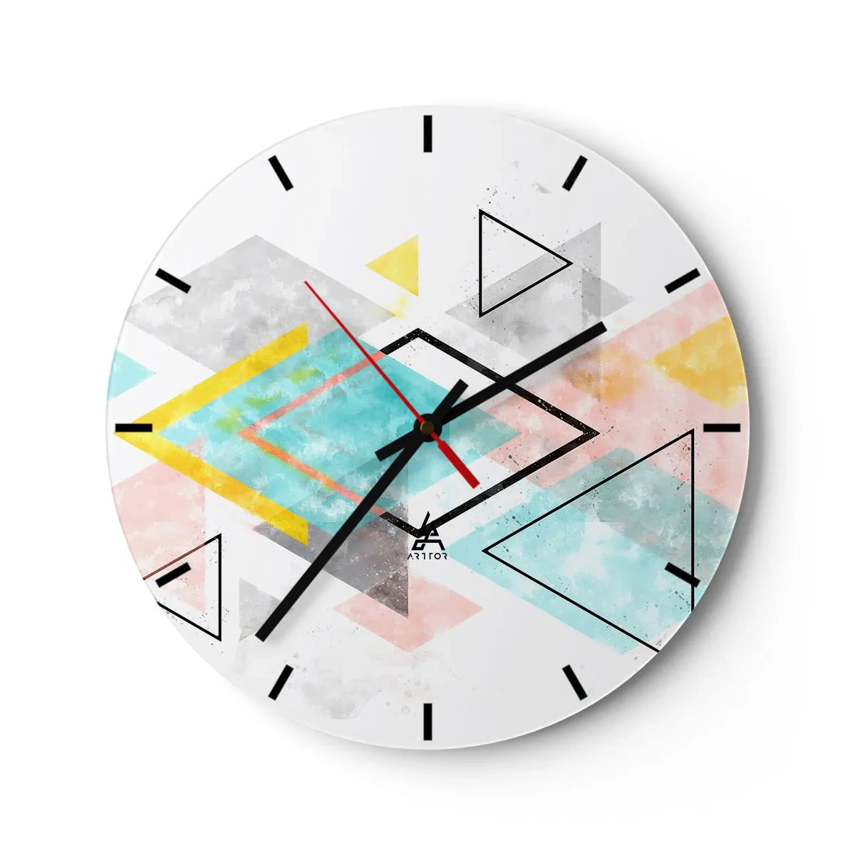 Ceas de perete - Ceas pe sticlă - Triunghiuri și romburi colorate într-un stil geometric - 30x30cm - Joc geometric - Decorațiune modernă pentru perete pentru living, bucătărie și dormitor ARTTOR