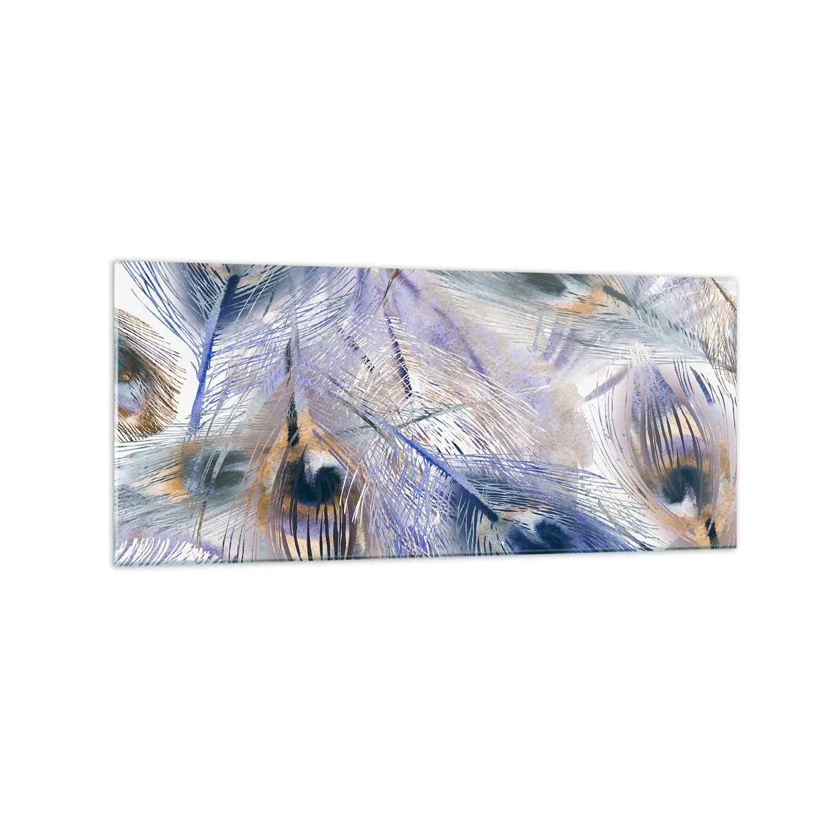 Tablou pe sticlă - Compoziția penelor de păun - 120x50 cm