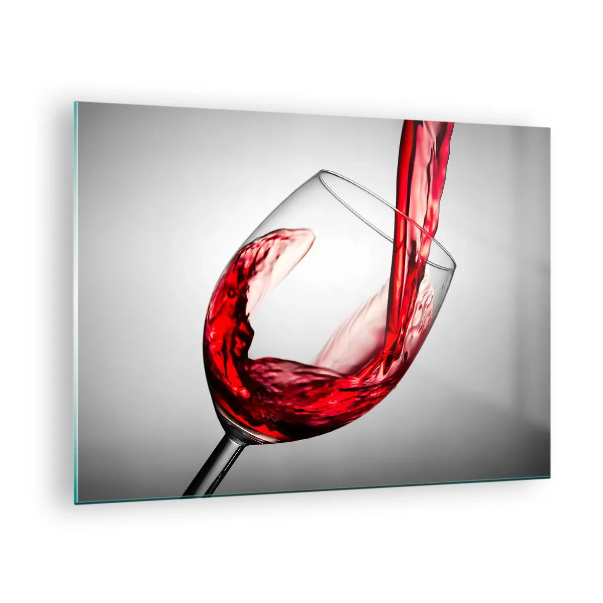 Tablou pe sticlă - Vin roșu turnat într-un pahar pe un fundal deschis la culoare - 70x50cm - Culoare - mișcare - sunet - Decorațiune modernă pentru perete pentru living și dormitor ARTTOR
