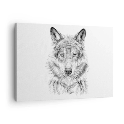 Tablou pe pânză Canvas - Schiță a unui cap de lup în stil monocrom pe fundal alb - 70x50cm - Un lider înnăscut - Decorațiune modernă pentru perete pentru living și dormitor ARTTOR