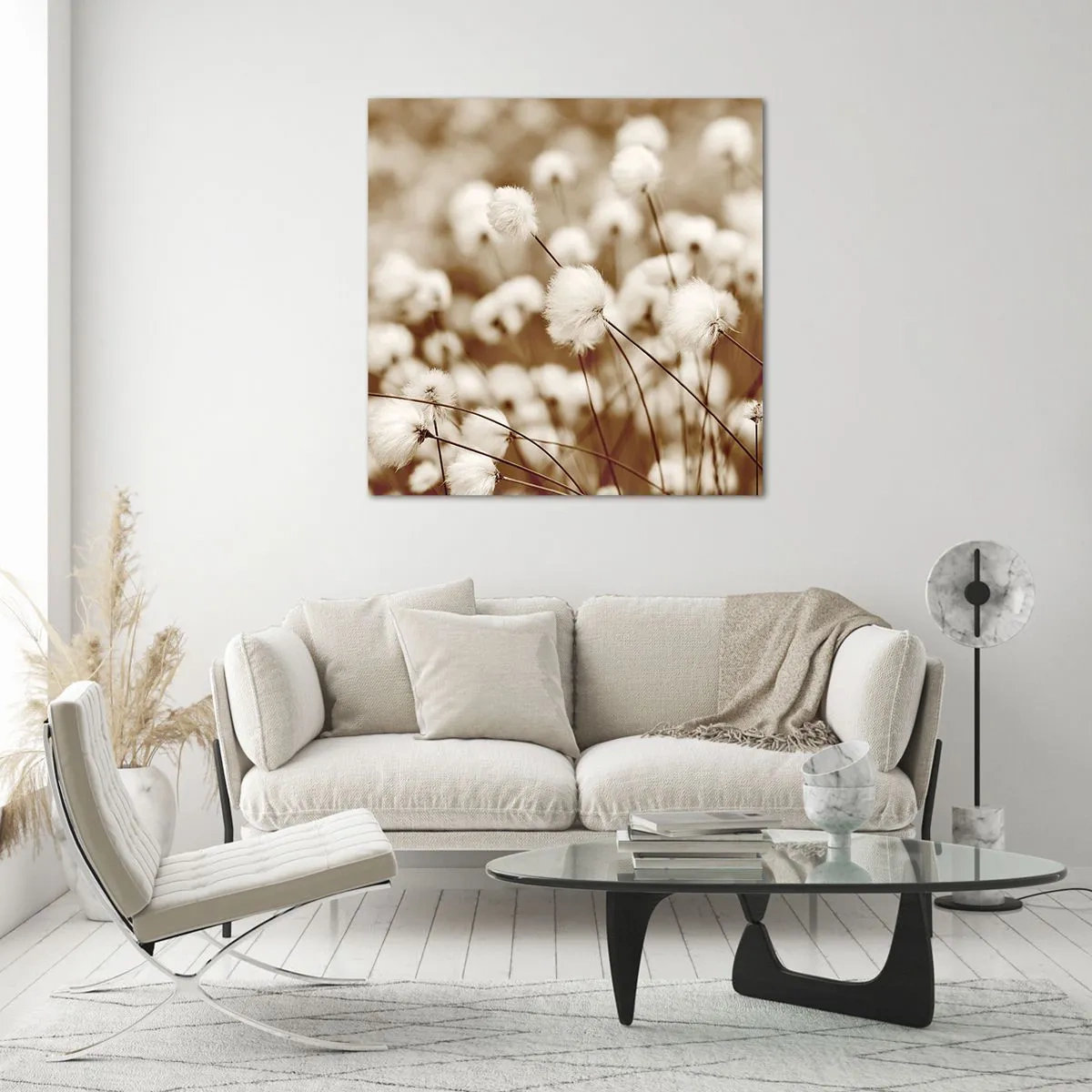 Tablou pe sticlă - Câmp pufos - 60x60 cm