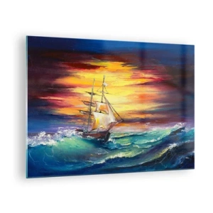 Tablou pe sticlă - O navă pe o mare furtunoasă la apus - 70x50cm - Înfruntând valurile - Decorațiune modernă pentru perete pentru living și dormitor ARTTOR