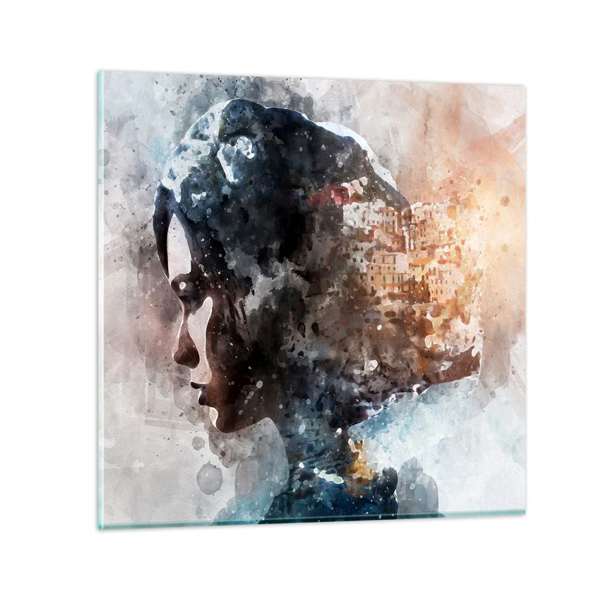 Tablou pe sticlă - Povestea unei fete cu un oraș în fundal - 50x50 cm