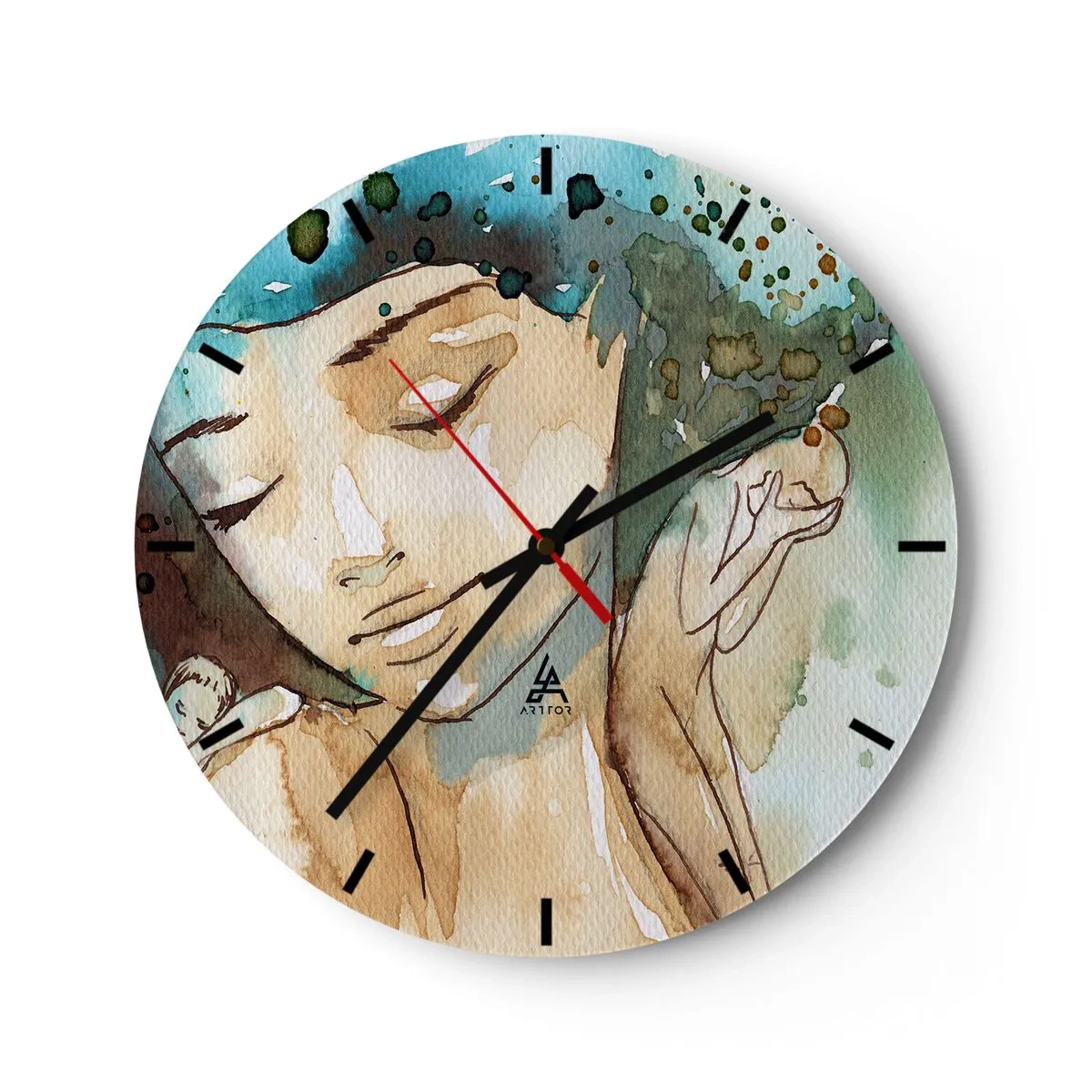 Ceas de perete - Ceas pe sticlă - Un cadran de ceas cu motivul unei fețe feminine în nuanțe de acuarelă - 30x30cm - Lady în albastru - Decorațiune modernă pentru perete pentru living, bucătărie și dormitor ARTTOR