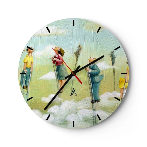 Ceas de perete - Ceas pe sticlă - Oameni urcând scări în nori pe un fundal colorat - 30x30cm - Urmează-ți visul - Decorațiune modernă pentru perete pentru living, bucătărie și dormitor ARTTOR