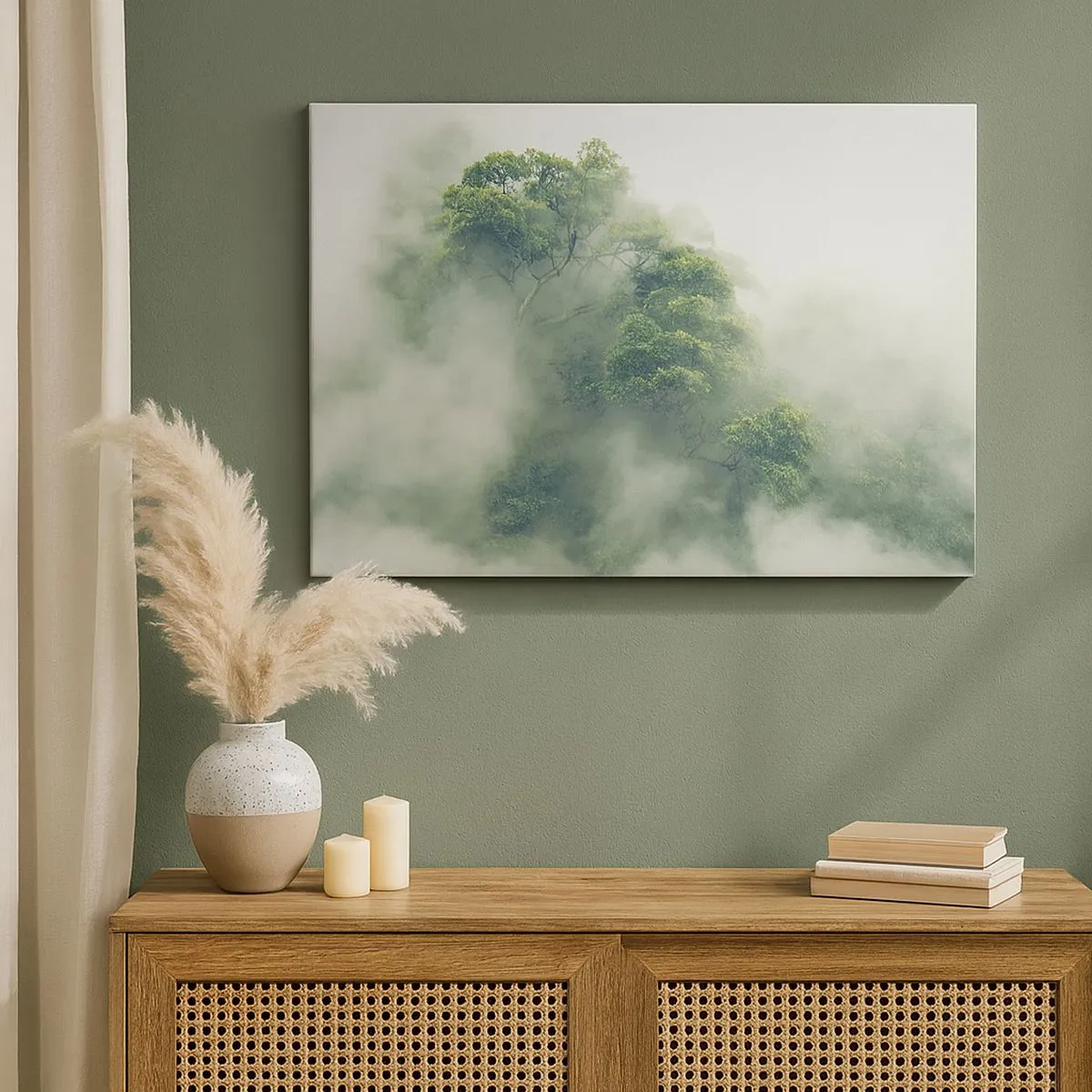 Tablou pe pânză Canvas - Copaci verzi în ceață densă pe un fundal natural - 70x50cm - Înfășurate în ceață - Decorațiune modernă pentru perete pentru living și dormitor ARTTOR