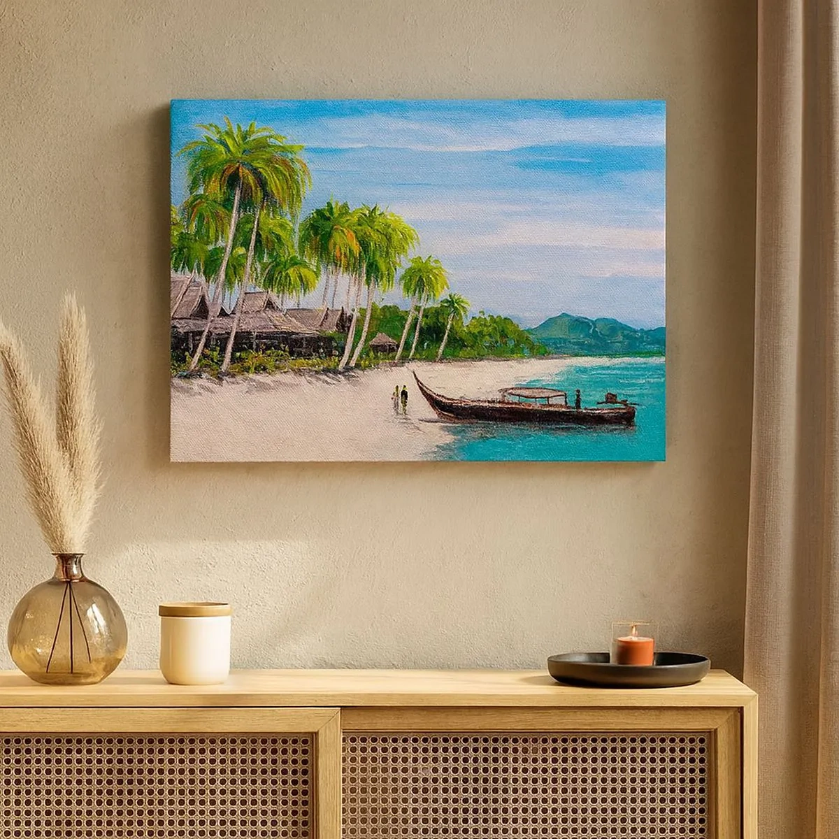 Tablou pe pânză Canvas - O plajă exotică cu palmieri și o barcă la țărm - 70x50cm - Un vis exotic - Decorațiune modernă pentru perete pentru living și dormitor ARTTOR